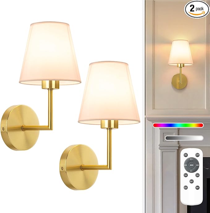 NIORSUN 13.8 inch Battery Operated Wall Sconce Set of 2,Gold Rechargeable Wall Lights with 10400mAh Dimmable Detachable Bulbs and Remote,9 Colors Wireless Sconces for Bedroom Living Room Hallway