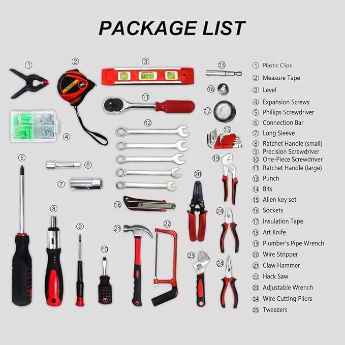 238 Piece Home Repair Tool Kit, Basic Household Hand Tool Set with Portable Hard Case, General Daily Maintenance Tool Box for Homeowner DIY Projects, Black&Red