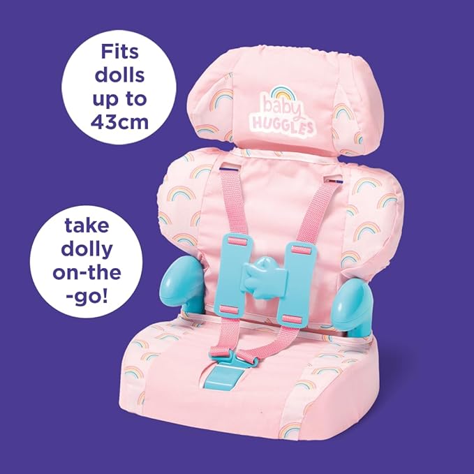 Casdon Baby Huggles Toys - Pink Booster Seat - Car Seat for Dolls with Adjustable Headrest & Buckles - Fits Dolls Sizes Up to 14" - Suitable for Preschool Toys - Playset for Children Aged 3+