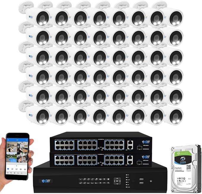 GW 4K Outdoor Indoor Face Recognition/Human/Vehicle Detection Business Security Camera System, 64 Channel Commercial 12MP NVR, 48 x 4K Smart AI IP Microphone Bullet Camera, 24TB Pre-Installed HDD
