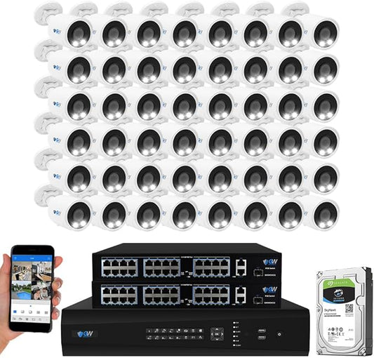 GW 4K Outdoor Indoor Face Recognition/Human/Vehicle Detection Business Security Camera System, 64 Channel Commercial 12MP NVR, 48 x 4K Smart AI IP Microphone Bullet Camera, 24TB Pre-Installed HDD