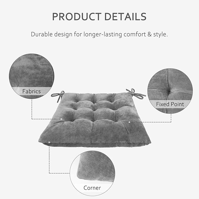 ELFJOY Set of 4 Square Chair Pads Indoor Seat Cushions Pillows with Ties Thick Soft Seat Cushion for Kitchen Dining Office Chair (18", Grey)