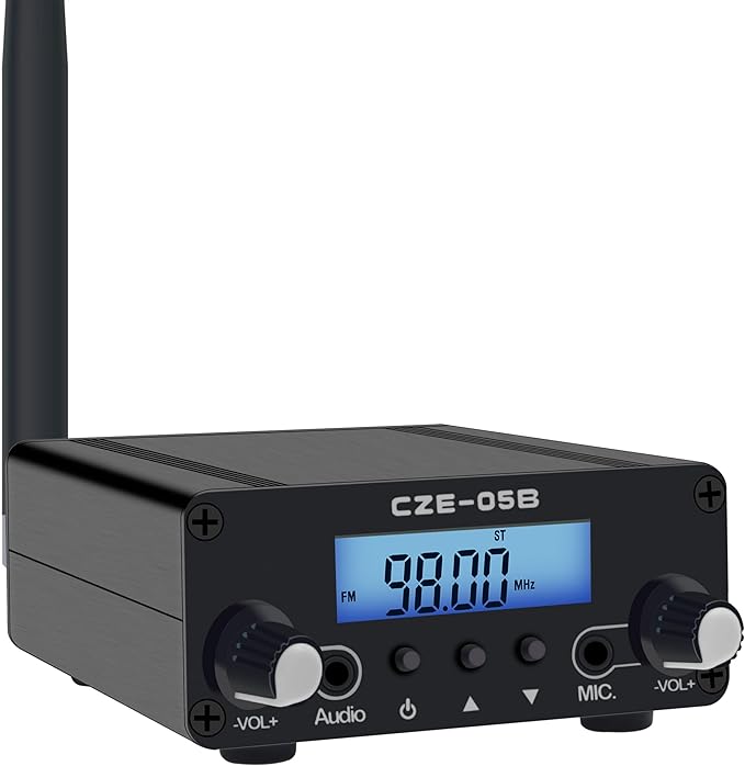 0.5W 0.1W Long Range FM Transmitter with LCD & 3.5mm Audio Cable - Ideal for Drive-in Church, School & Supermarket Events, Light Shows & Fireworks Display - Black