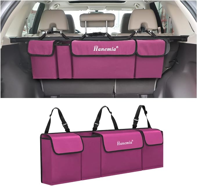 Car Trunk Organizer, Backseat Hanging Storage with 4 Large Pockets, Collapsible Cargo Bag with Adjustable Straps Frees Trunk Floor, Sturdy Space Saving Expert for SUV, Truck, Van (Purple)