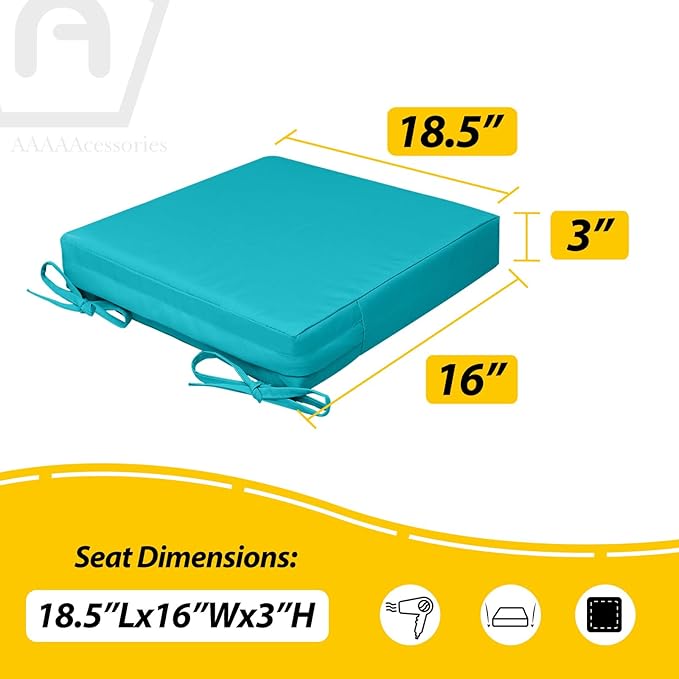 AAAAAcessories Outdoor Seat Cushions for Chairs, Waterproof, Fade-Resistant, 18.5" x 16" x 3", Patio Furniture Replacement Cushions, Set of 2, Turquoise Blue