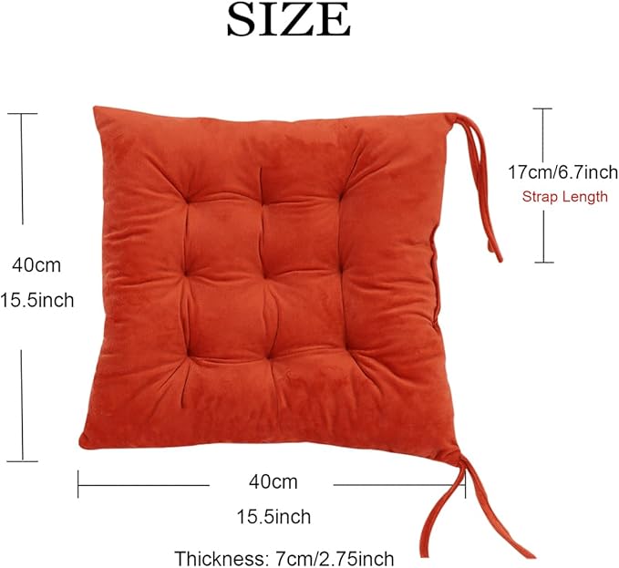 2 Pack Square Seat Cushion Chair Pads for Kitchen Dining Chairs, Soft Comfort Velvet Chair Mat Pillow Cushions with Ties for Office Desk Living Room Tatami 15.5", Orange