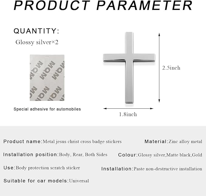 DXNQ 2PCS Metal Jesus Christ Cross Badge Stickers, 2.5"×1.8" Alloy 3D Individual Car Cross Sticker, Self Adhesive Scratch Covering Metal Cross Auto Emblem Decal for Car Body Fender Tail (Silver)