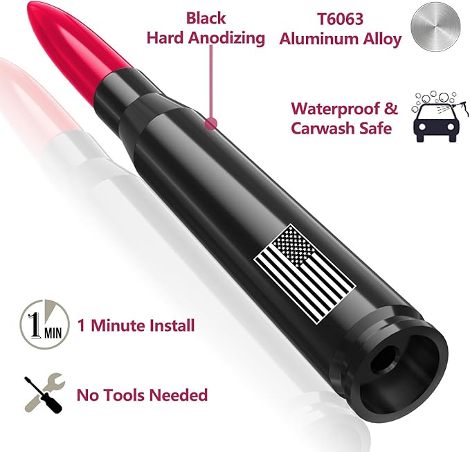 Car Truck Bullet Antenna with Tire Valve Caps American Flag Universal Short Replacement for GMC Sierra Chevy Silverado Dodge Ram 1500 2500 3500 Ford F150 F250 F350 Super Duty Raptor Accessories, Red