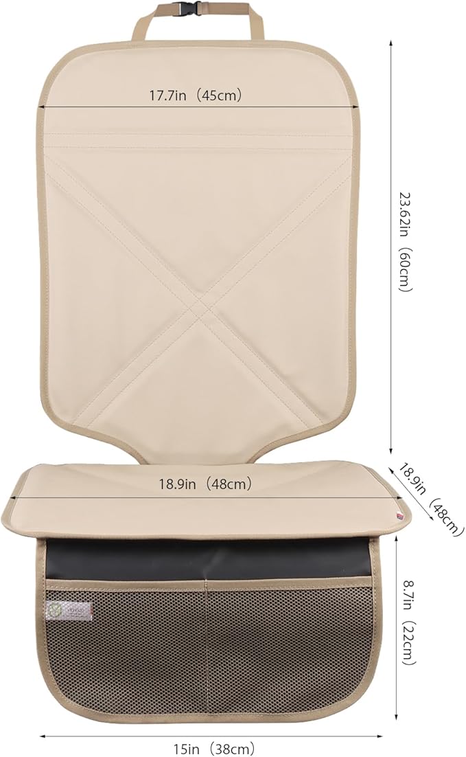 Viaviat Car Seat Protector Leather Waterproof Child Safety Seat Protector Cover with Thick Pad and 2 Large Pockets Durable Kick Mat for All Auto Seat (Beige)