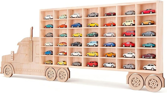 3D Wooden Toy Cars Display, Wall-Mounted for 42 Toy Cars, 1/64 Scale Model Car Organizer with Unique Patchwork Design