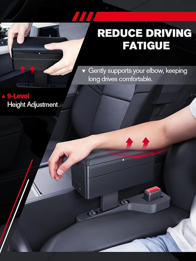 for 2-in-1 Car Armrest & Car Seat Gap Filler - Adjustable Sponge Armrest with 9-Level Height - 15W Wireless Charging & 50W Power Dock - Dual-Layer Car Storage Box - Fits Driver & Passenger