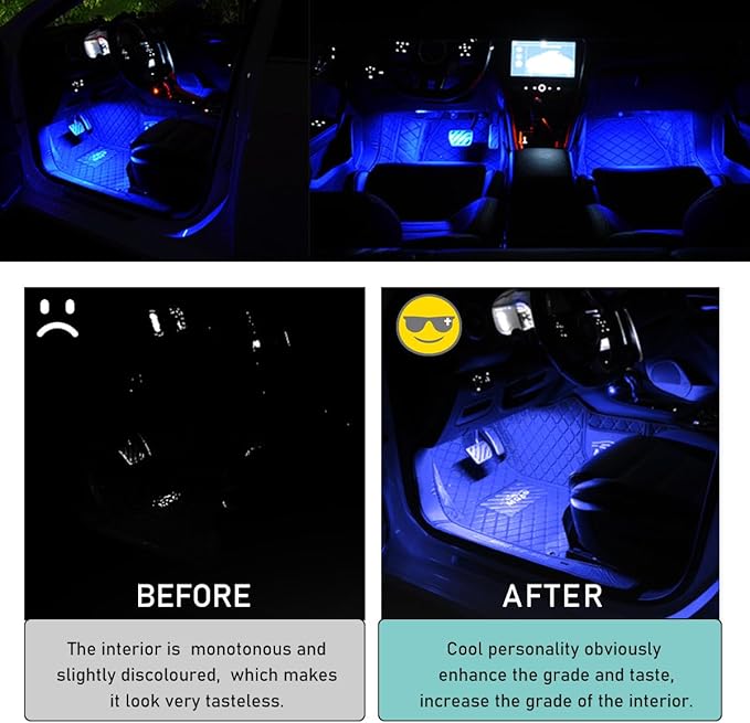 Yourkar Car LED Strip Light, 24 LED Auto Interior Under Dash Atmosphere Lights with USB Port, Vehicle Decor Lamp Ambient Night Light Strip Lighting Kit, Universal Car Accessories (Blue)