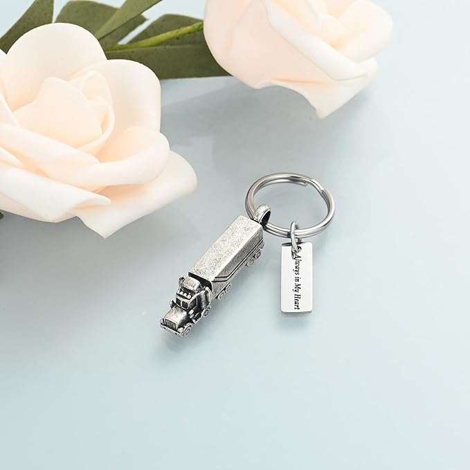 Imrsanl 18 Wheeler Semi Truck Urn Keychain for Ashes for Men Women Memorial Pendant Key Ring Cremation Jewelry Keepsake