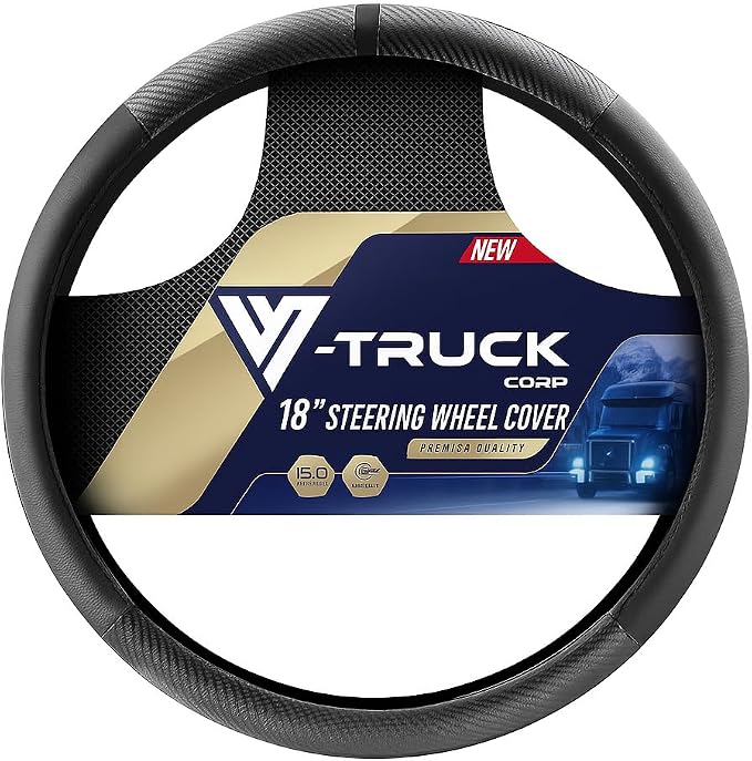 18-Inch Genuine Leather Steering Wheel Cover for Semi Trucks – Black with Carbon Fiber Imitation, Heavy-Duty Non-Slip Grip, Universal Fit, Easy Installation