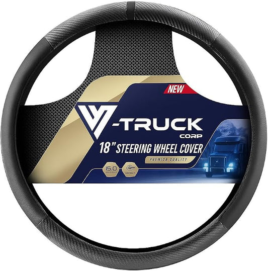 18-Inch Genuine Leather Steering Wheel Cover for Semi Trucks – Black with Carbon Fiber Imitation, Heavy-Duty Non-Slip Grip, Universal Fit, Easy Installation