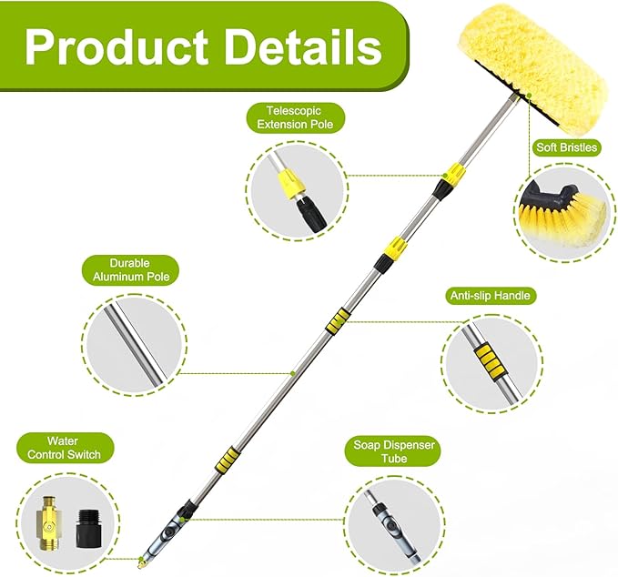 12FT Car Wash Brush with Long Handle, Telescopic Car Wash Brush with Soap Dispenser, 12-Inch Soft Bristle Car Cleaning Brush for Cleaning Car, RV, Truck, Boat, Solar Panels