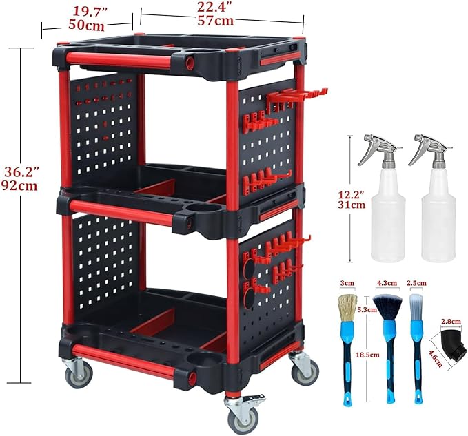 3-Tier Auto Detailing Tool Cart with 4 Hanging Boards & Wheels | Portable Garage, DIY, Home Studio & Workshop Organizer for Car Detailing Tools & Storage