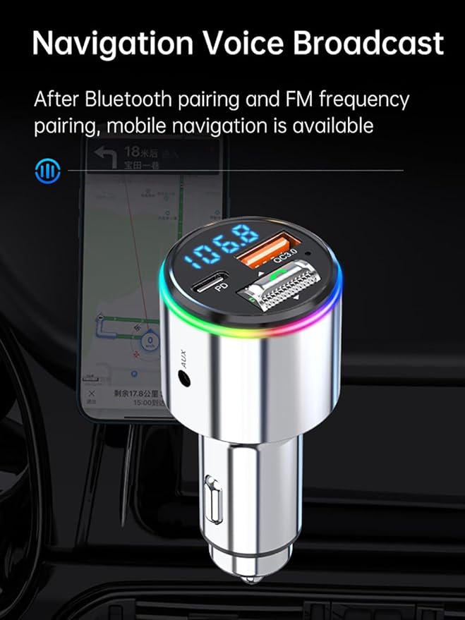 Upgraded V5.3 FM Bluetooth Transmitter Car, Full Metal Bluetooth Car Adapter, Hi-Fi Bass Sound, PD 30W & QC 18W, Handsfree Calls, 7 LED Colors, AUX Output
