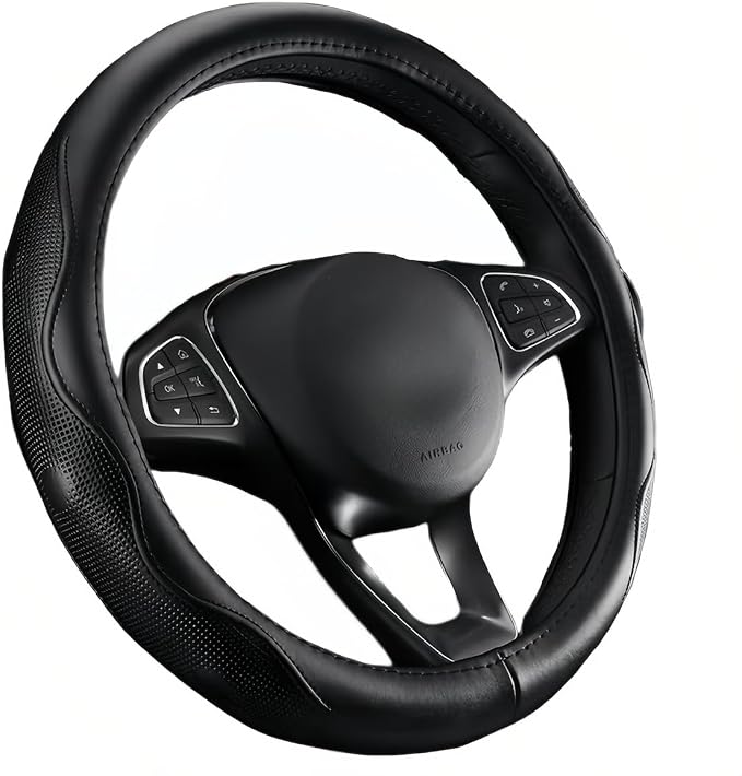 Leather Steering Wheel Cover (Black, 15 inch) | Real Leather with Silicone Lining, Non-Slip Universal Fit for Cars, SUVs & Trucks