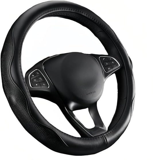 Leather Steering Wheel Cover (Black, 15 inch) | Real Leather with Silicone Lining, Non-Slip Universal Fit for Cars, SUVs & Trucks