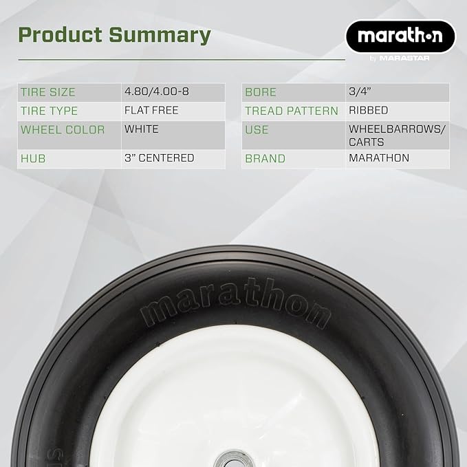 Marathon 4.80/4.00-8" Flat Free Tire on Wheel, 3" Hub, 3/4" Bearings, Ribbed Tread