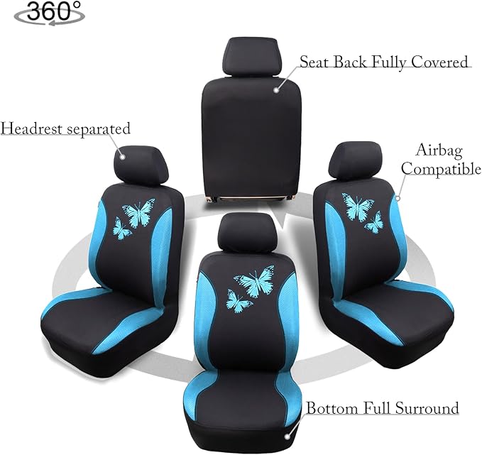 Flying Banner Butterfly car seat Covers ful Set Fashion Universal Lady Woman Female Rear Bench Split Colorized (Full Set, Mint Blue)