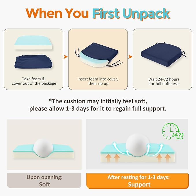 downluxe Chair Cushions for Dining Chairs, Memory Foam Linen Kitchen Chair Pads with Ties, Waterproof, Stain-Resistant and Washable Cover, 17" x 16" x 2.5", Blue, 2 Pack
