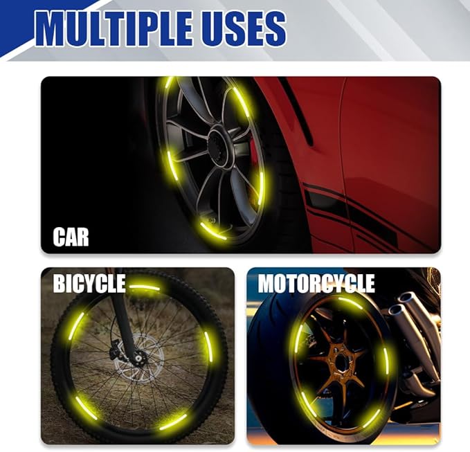 20PCS Reflective Car Wheel Decorative Stripe Stickers, Night Safety Warning Tape Sticker, Anti-Scratch Tire Rims Sticker, Universal Car Exterior Accessories Fluorescent Auto Decals for Motocycle Bike
