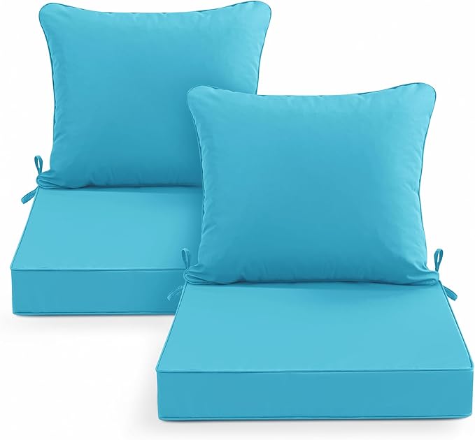 Summsun Outdoor Backrest and Deep Seat Cushion Set, Waterproof Fade Resistant Patio Chair Furniture Cushion with Removable Cover, 22 x 22 Inch, Teal, Set of 2