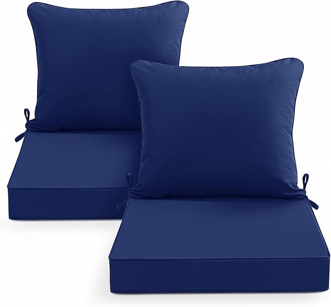 Summsun Outdoor Cushions for Patio Furniture 24 x 24 Inch, Double-Sided Waterproof Backrest and Deep Seat Cushion Set with Removable Cover, Navy, Set of 2