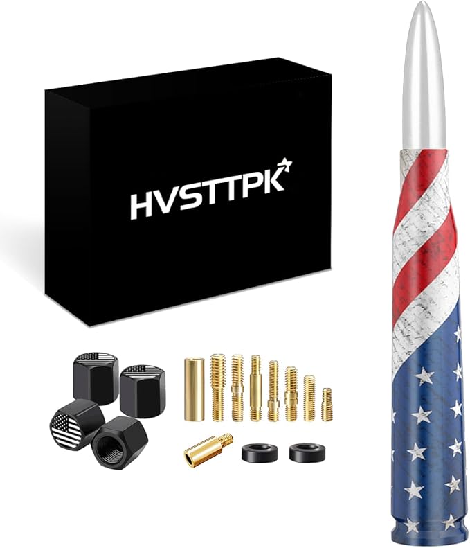 Car Truck Bullet Antenna with Valve Stem Caps for F150 F250 F350 Super Chevrolet Duty Raptor Dodge Ram 1500 2500 3500,Pickup Jeep Accessories（Silver）- American Flag Design-Car Wash Safe
