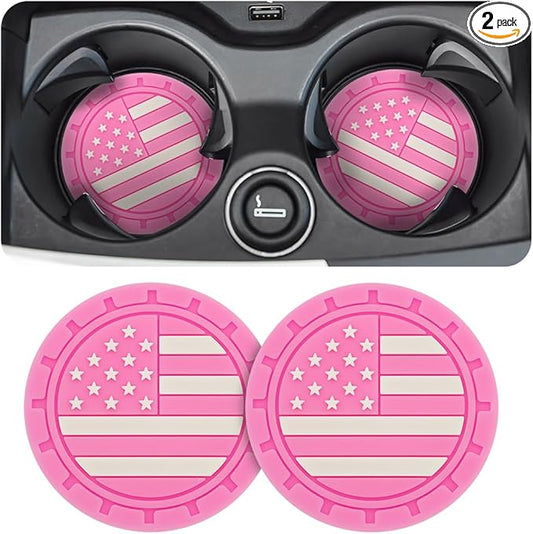 AUCELI 2 Pack Car Cup Holder Coasters, Colored American Flag US Flag Insert Car Cup Coaster, 2.75 Inch Anti Slip Shockproof Embedded Drink Mat, Vehicle Interior Decor Accessories