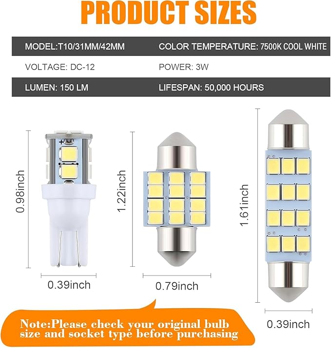 iFunyLED 24 Pieces Dome Light LED Car Interior Bulb Kit Set 194 T10 DE3175 578 31mm 42mm Bulbs Interior Replacement Lights for Car Map License Plate Door Side Marker Cornering Trunk Light - Cool White