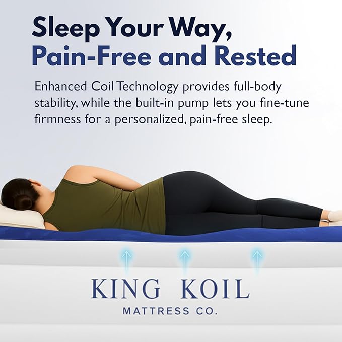 King Koil Premium California King Size Air Mattress with Built-in Pillow & Patented High-Speed Built in Pump, 20" King Size Premium Double High Airbed for Home, Camping & Guests, 1-Year Warranty