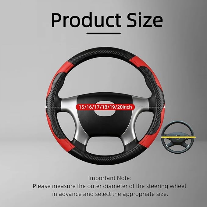 20 Inch Semi Truck Steering Wheel Cover, Anti-Slip Breathable Carbon Fiber Texture with Inner Ring, Black Red for Long-Haul Driving