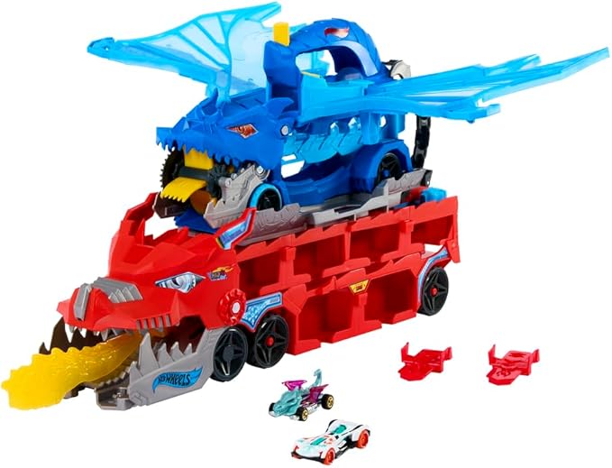 Hot Wheels City Toy Car Track Set, Ultimate Dual Dragon Transporter & 2 Die-Cast Cars, Large-Scale Dragon & Detachable Dragon, Stores 20+ Vehicles