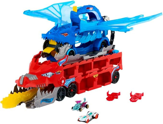 Hot Wheels City Toy Car Track Set, Ultimate Dual Dragon Transporter & 2 Die-Cast Cars, Large-Scale Dragon & Detachable Dragon, Stores 20+ Vehicles