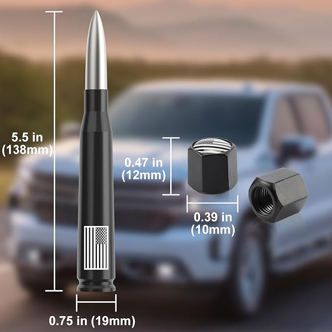 Car Truck Antenna with Tire Valve Caps American Flag Universal Short Replacement for GMC Sierra Chevy Silverado Dodge Ram 1500 2500 3500 Ford F150 F250 F350 Super Duty Raptor Accessories, Silver