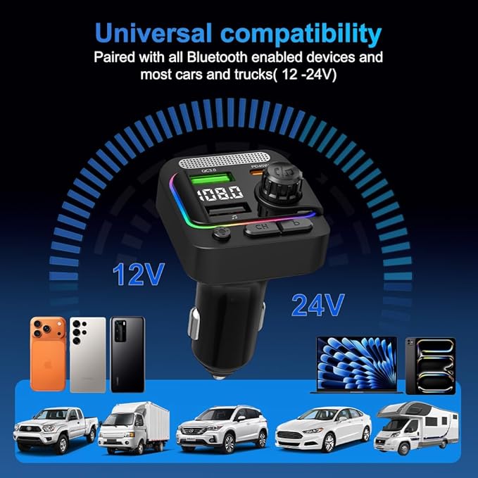 FM Transmitter Bluetooth Car Adapter - 63W Wireless Radio FM Bluetooth Transmitter with Deep Bass Player for Old Cars [PD 45W & QC3.0], Car Charger USB C Fast Charge, Hands-Free Calling, Black