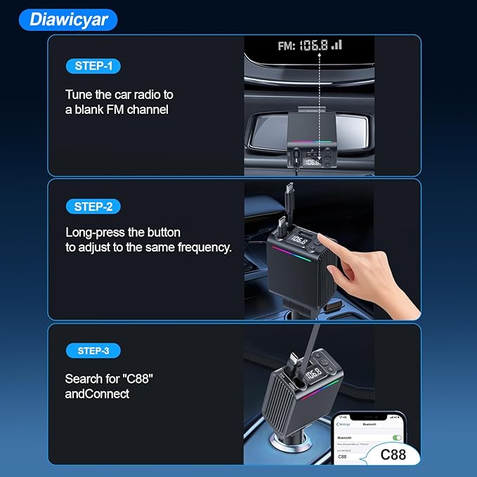 FM Transmitter Bluetooth Car Adapter - 45W Retractable Car Charger [PD 30W & QC3.0] Wireless Radio FM Bluetooth Transmitter for Old Cars, Hands-Free Calling, Black