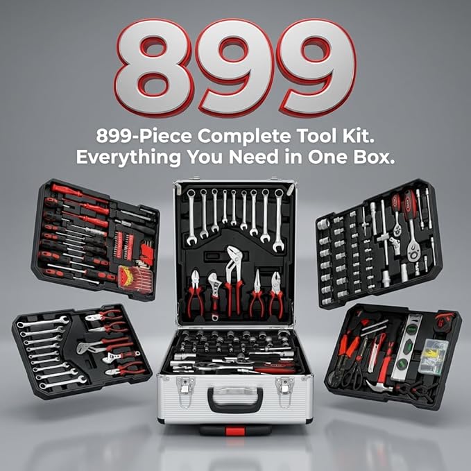 899-Piece Rolling Tool Cart, Complete Mechanics Tool Set with 4 Removable Trays, Portable Tool Chest for Home Repair, Household & Auto Garage, Professional-Grade Hand Tool Kit for DIYer, White