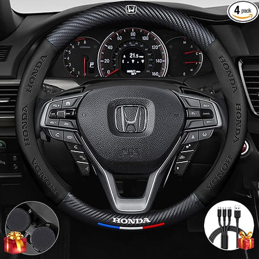 Steering Wheel Cover Compatible with Honda, Nappa Leather&Carbon Fiber Texture Steering Wheel Cover, 14.5-15 Inch Diameter with 2 Coasters and USB Fast Charging Cable (Black)