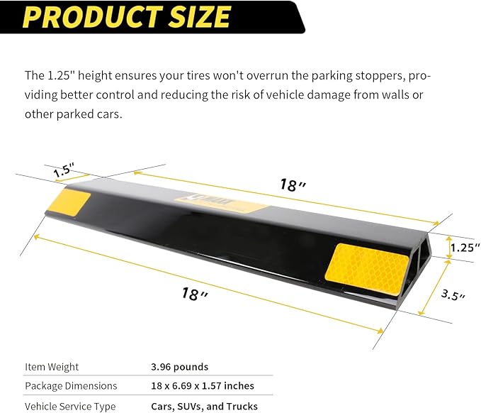 MaxxHaul 51035 18 in. Heavy Duty Car Parking Stoppers 2 Pack Easy Install 18" x 1.25" x 3.5" for Garage and Outdoor Car SUV Truck Eco Friendly Material Reflective Strips
