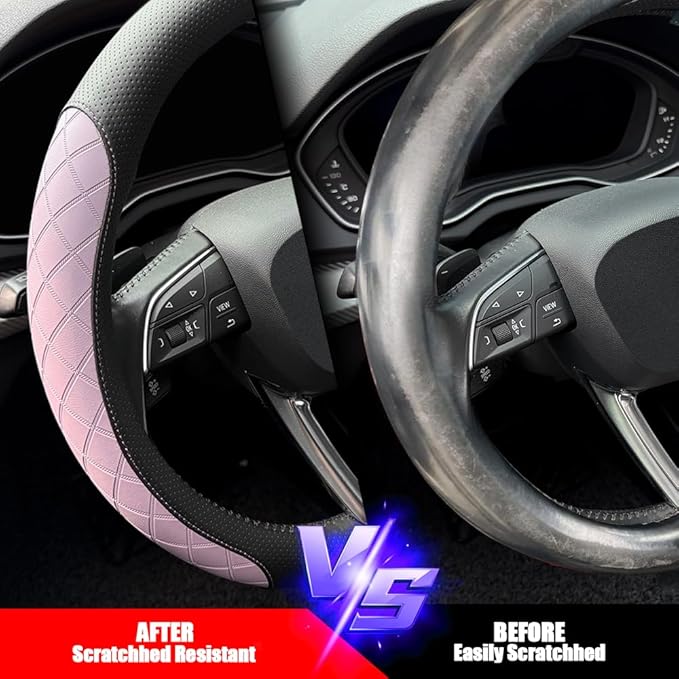 LKWLIKEI Nappa leather steering wheel cover,elegant diamond checkered design, non-slip wear-resistant, enhance driving comfort, suitable for steering wheel diameter 14 1/2‘-15’ models.Black and purple