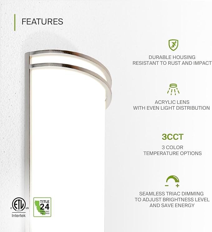 ASD Indoor LED Wall Sconce Lights - 18 Inch 25W Brushed Nickel Modern LED Wall Sconces Hardwired - ETL Dimmable 3000K 4000K 5000K Adjustable Sconce Light Fixture for Bedroom, Hallway, 2 Pack