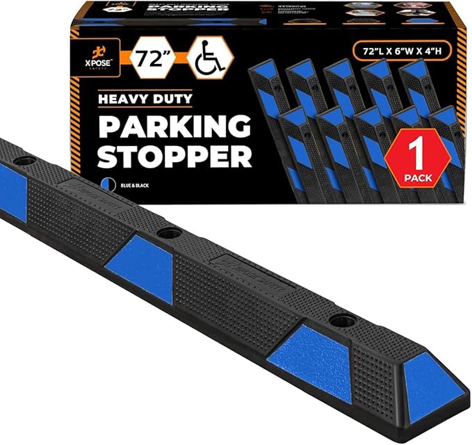 Xpose Safety 72" Heavy Duty Rubber Parking Stopper – 1 Pack Wheel Blocks for Garage, Driveway, or Ramp – Car Bumper Stop with Blue Reflective Strips – Removable Floor Mount