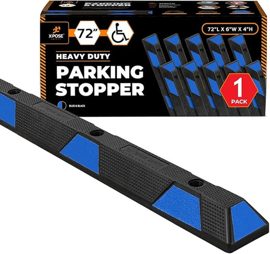 Xpose Safety 72" Heavy Duty Rubber Parking Stopper – 1 Pack Wheel Blocks for Garage, Driveway, or Ramp – Car Bumper Stop with Blue Reflective Strips – Removable Floor Mount