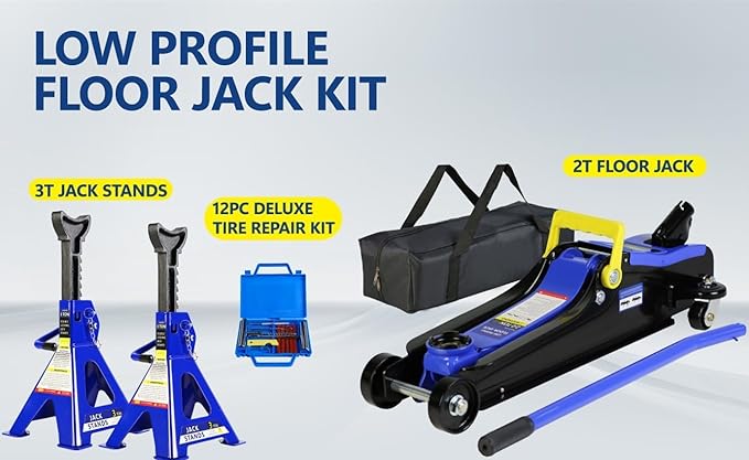 4 Piece Car Truck Floor Jack Service, Hydraulic Trolley Floor Jack & Jack Stands & Tire Repair Kit for Garage Repair Shop DIY, Lifting Range 3.3"-15.2", Steel Car Jack 2 Ton/4000 LBS Capacity