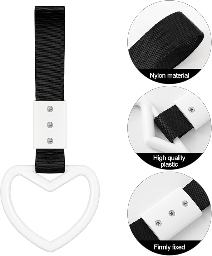 2 Pieces Rings Heart Shaped Car Handle Straps Drift Charm Rear Bumper Warning Ring Decor Subway Bus Broken Heart Handle for Car Interior (Black, White)