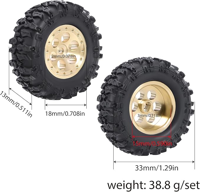 4pcs SCX30 Brass Offset 0.7'' Wheels Set with Rubber Tires Sponge Insert for AXIAL SCX30 Ford Bronco JEEP WRANGLER JLU RC Crawler Upgrade Part ﻿ (Golden 6-hole set)